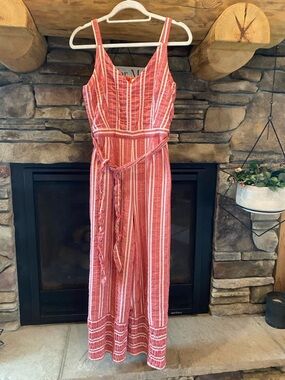 Anthropologie Coral & White Striped Sleeveless Jumpsuit with Tie Waist
